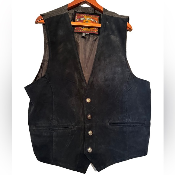 Global Identity G-lll Genuine Leather Button Front Black Vest - Picture 1 of 13